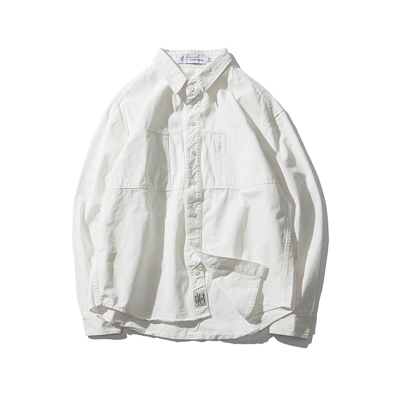 洛野男装 17秋季日系原创男士白色胸前口袋拉链衬衣国潮翻领衬衫|ms