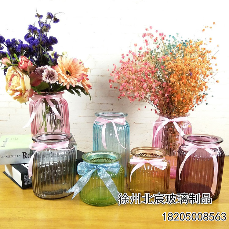 厂家批发欧式竖条纹玻璃花瓶透明彩色插花器水培花卉彩色玻璃花瓶