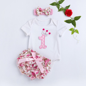 Girl set trend pure cartoon girl one year old holiday dress floral PP Shorts Set