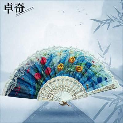 复古欧式蕾丝花边扇 定制logo布面印花礼品折叠扇子 走秀表演折扇|ru