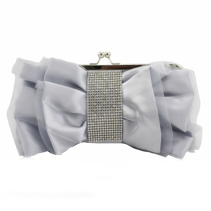Túi clutch dạ tiệc satin nơ xếp ly đính kim cương – kèm dây đeo chéo — Màu đỏ, Màu đen, Màu Sâm panh, Màu bạc