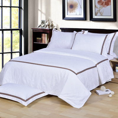 星級酒店賓館 6040貢緞嵌色純棉四件套床單枕套提花嵌織帶繡logo