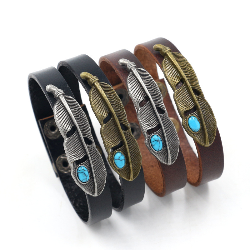 Factory Direct fashion jewelry alloy turquoise feather leather bracelet men's and women's leaf snap cowhide bracelet