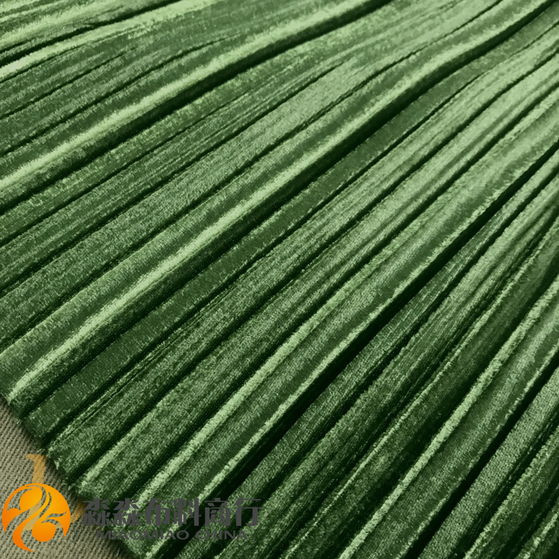 新秋冬光感压褶金丝绒布料厂家批发军绿色百褶裙子金丝绒面料布料