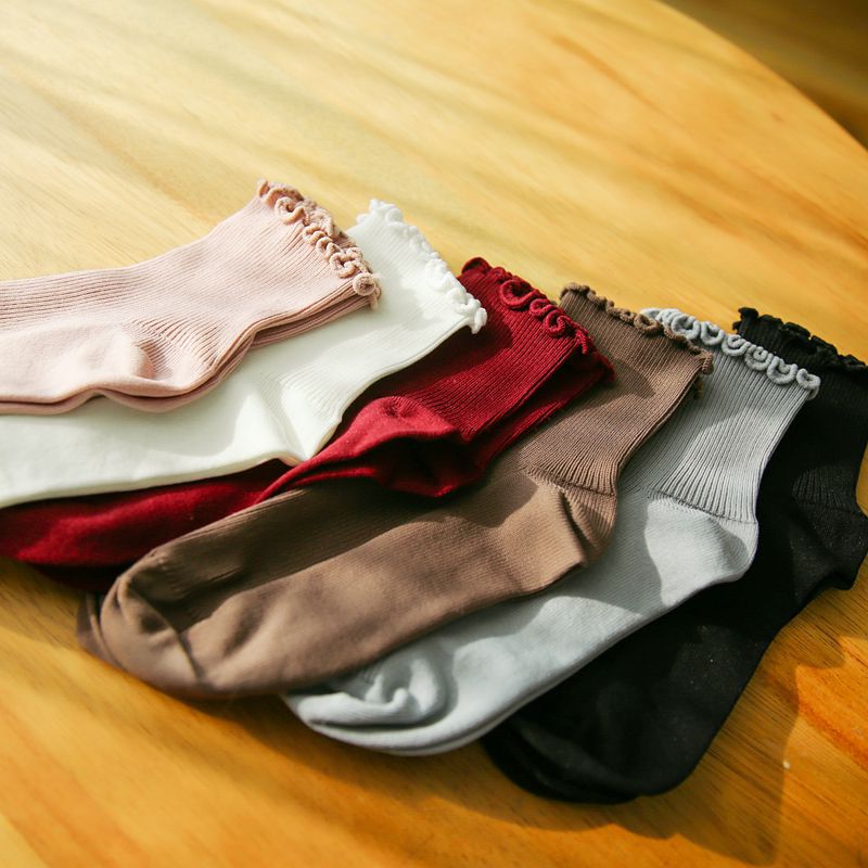 春夏新款木耳花边女袜子全棉松口堆堆袜森系短筒透气女袜socks|ms