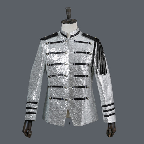men's jazz dance suit blazers Court dress exo same as men's military dress show suit nightclub DJ sequins silver white