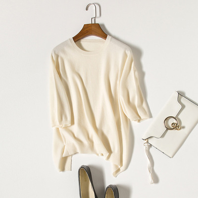 European quality Light extravagance CASHMERE lady T-shirts Short sleeved Cashmere sweater Irregular sweater