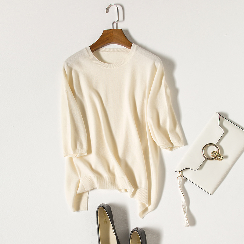 European quality Light extravagance CASHMERE lady T-shirts Short sleeved Cashmere sweater Irregular sweater