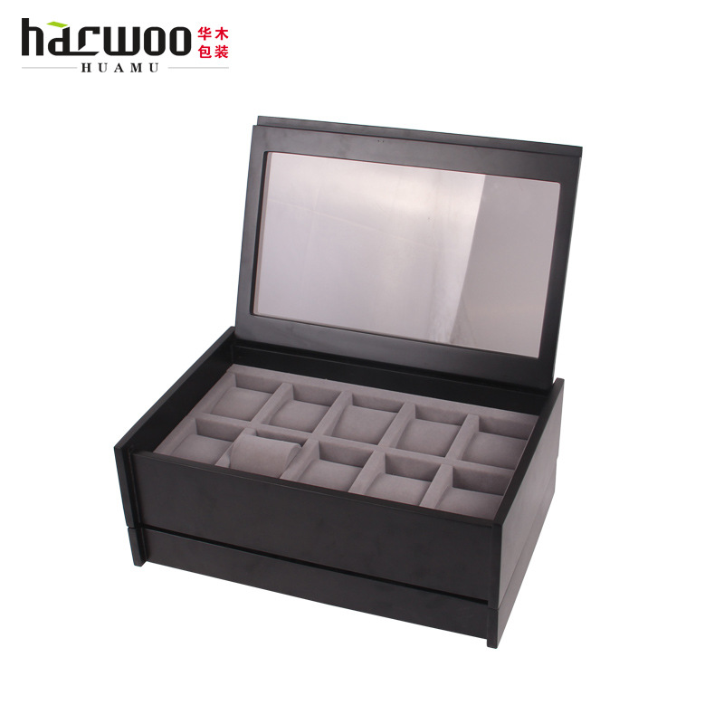 新款定制双层钢琴漆10位木质手表盒玻璃天窗手表展示收纳木盒批发
