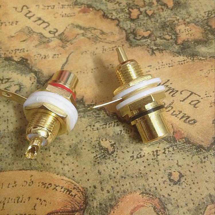 镀金莲花RCA插头配套母座八角螺母帽丝焊接线转换音频音箱红黑