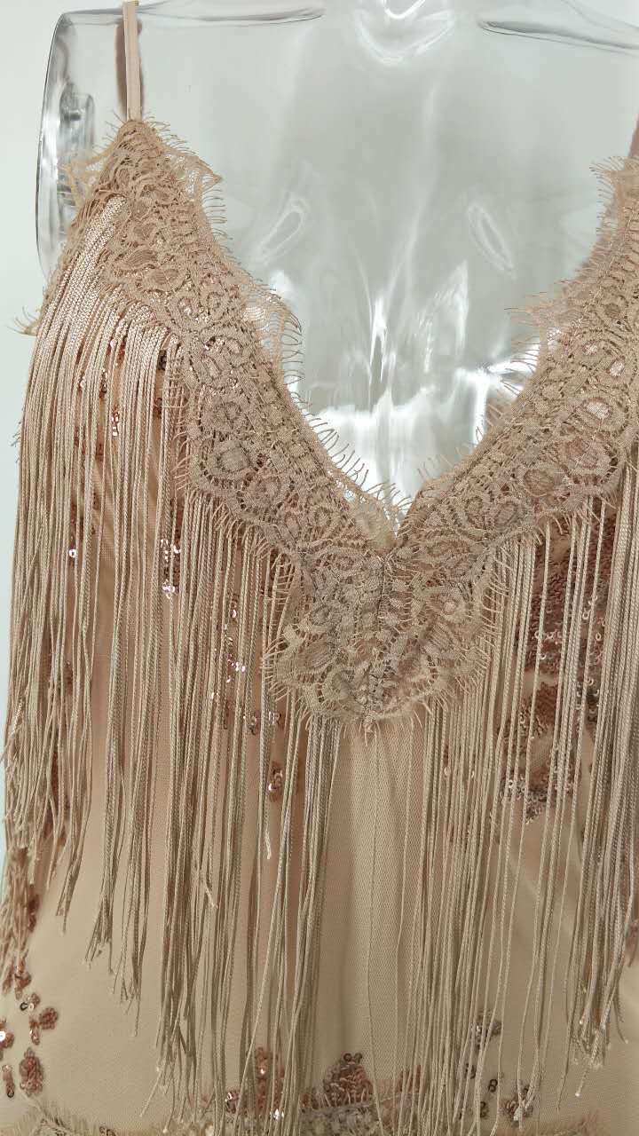 European And American Women's Fashion New Tassel Embroidery Sequin Sexy Backless Deep V Neck Dress_ecoleips.com