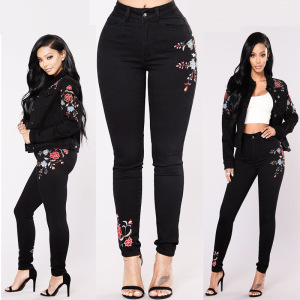 europe new hot pants export holes jeans embroidered high waist pants