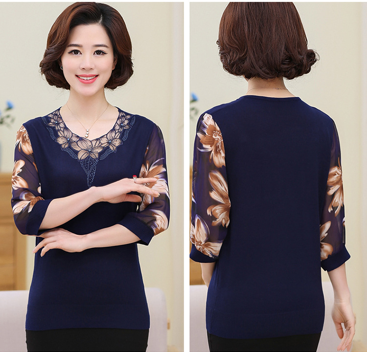 Middle-aged and elderly knitwear fashionable diamond-studded round neck chiffon cropped sleeves close-fitting women's new mother's spring and summer top