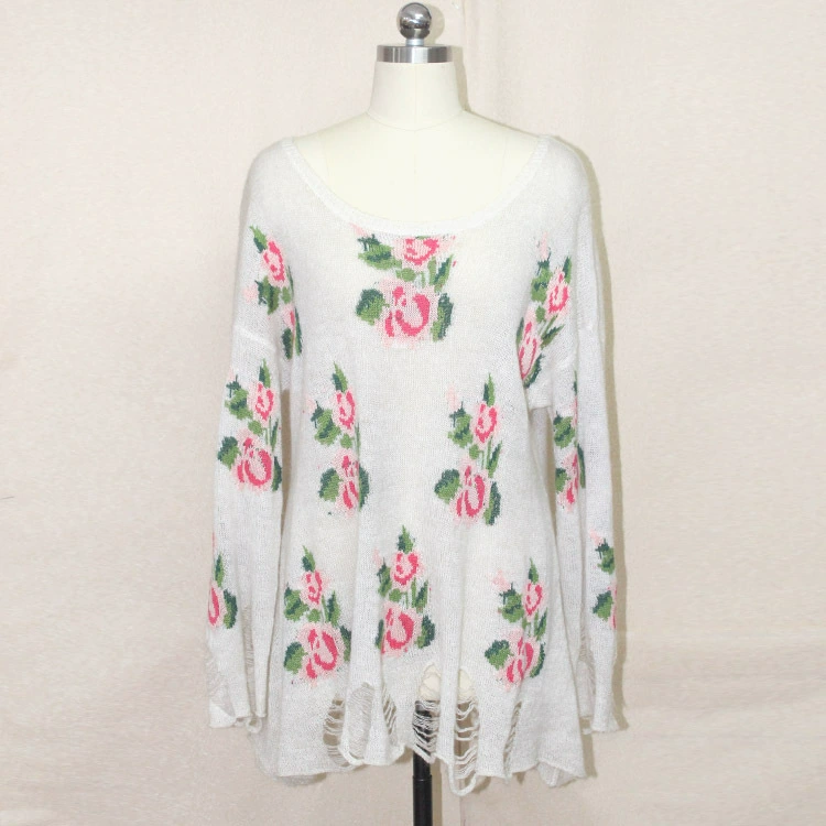 Ангора Мохер Жаккардовый Свитер Трикотаж Отверстия Повреждение Старый Свободный Полый Свитер Маленький Пакетный Рисунок