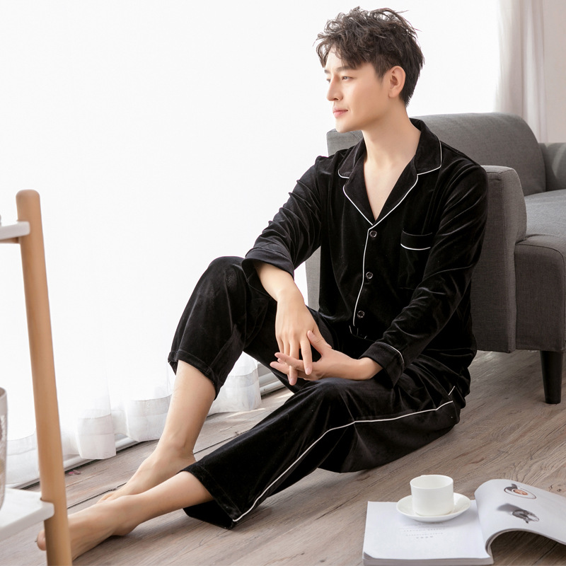 男士冬季金丝绒加厚天鹅珊瑚睡衣男法兰绒长袖保暖棉袄家居服套装