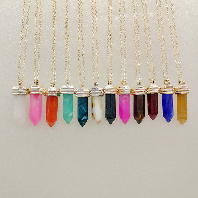 速卖通欧美饰品六角柱吊坠项饰 树脂仿天然石吊坠子弹头项链批发