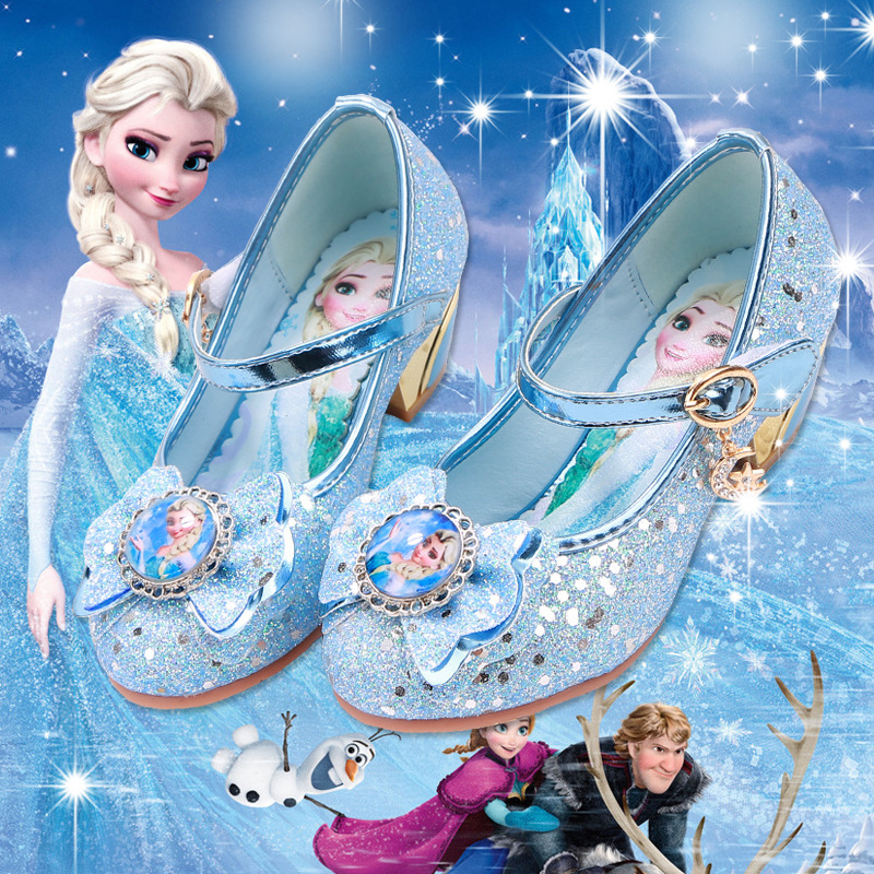 2024 New Cartoon Girls Shoes Children's High Heel Princess Shoes Elsa Frozen Cartoon Bow Leather Shoes