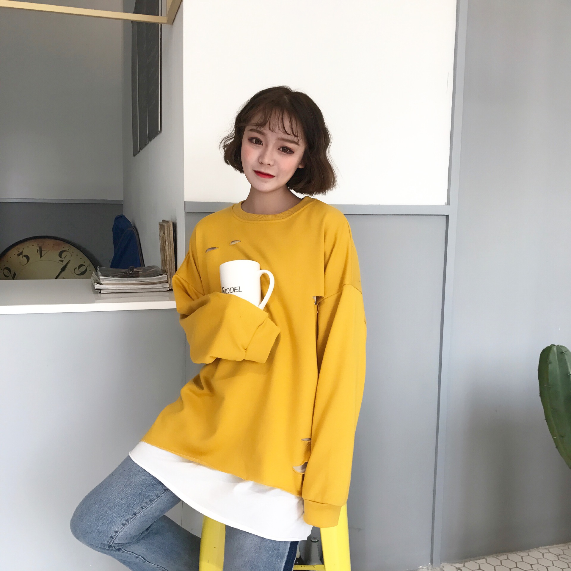 017韩版新款宽松简约假两件百搭时尚卫衣女 -