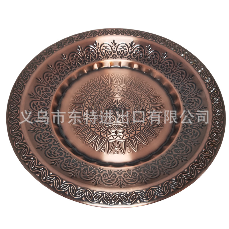 厂家直销不锈钢盘子镀金压花托盘西餐经典花盘圆形蔬菜水果盘详情图4