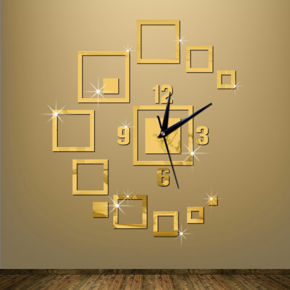 Diy creative mirror wall clock square mi...