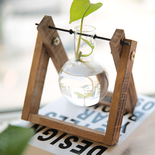 Creative hydroponic plants transparent wooden frame vase desktop small fresh container living room modern decoration ornaments