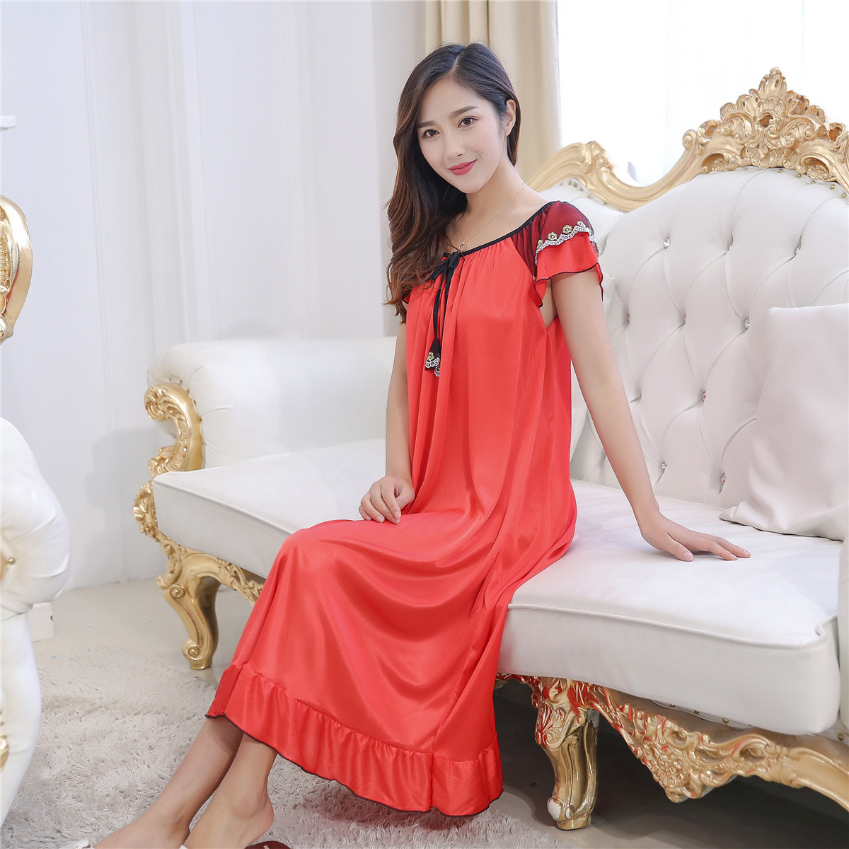 Simple Sexy  Solid Color Short Sleeves Ice Silk Polyester Long Pajamas display picture 15