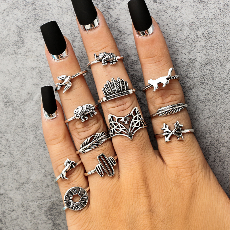 New Fashion Retro Alloy Leaf Fox Elephant 12-piece Set Rings For Women display picture 3