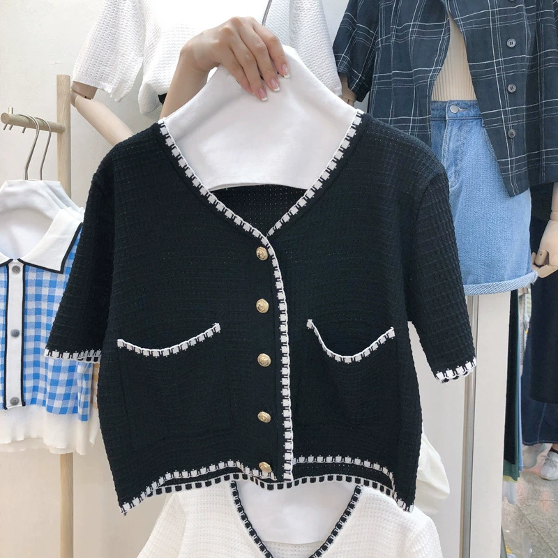 Летный_knit кардиган с V-образным вырезом, отделка в стиле шанель, укороченный приталенный силуэт для подростков