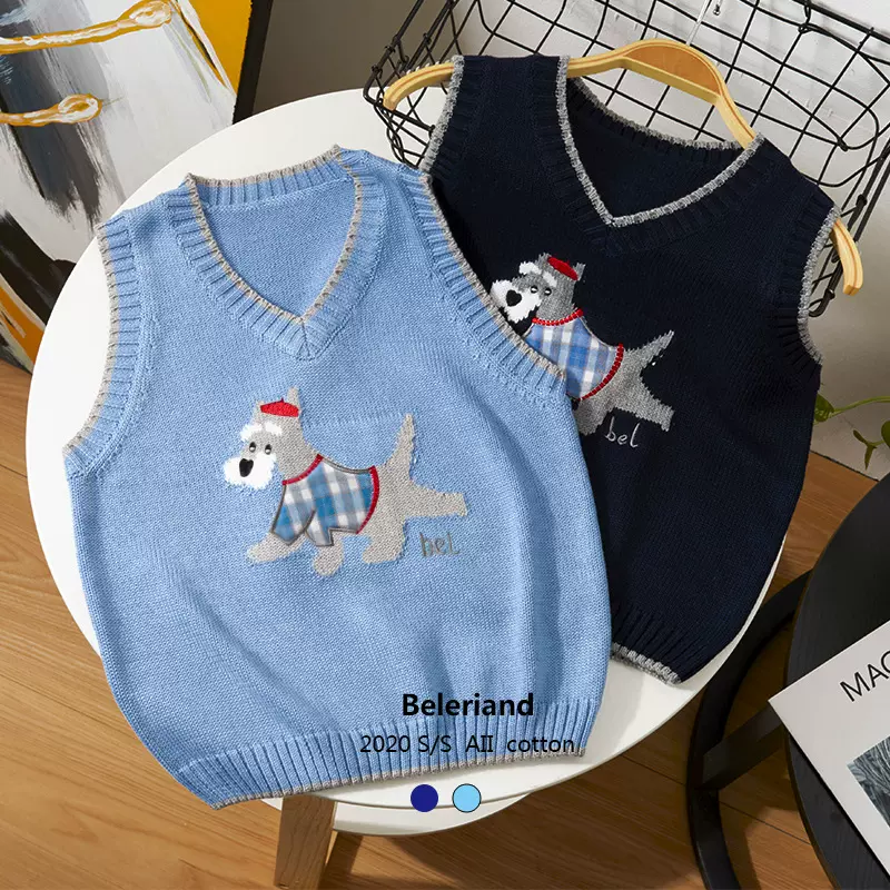 A类2025秋韩版童装毛衣儿童洋气v领针织马甲男女小狗绣花背心加工