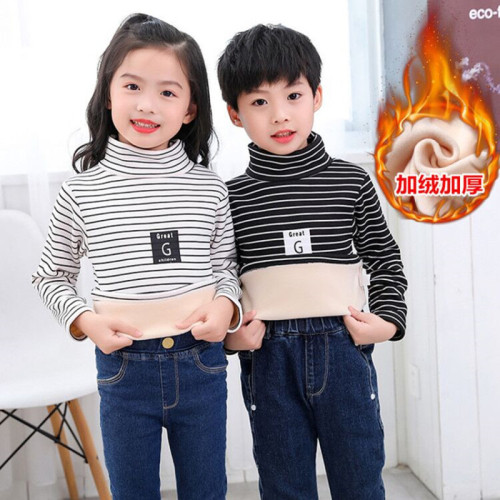 Children's Striped Fleece-Thickened Base Shirt High Collar Top Collar Single Piece for Boys and Girls Semi-High Collar Long-Sleeve T-Shirt