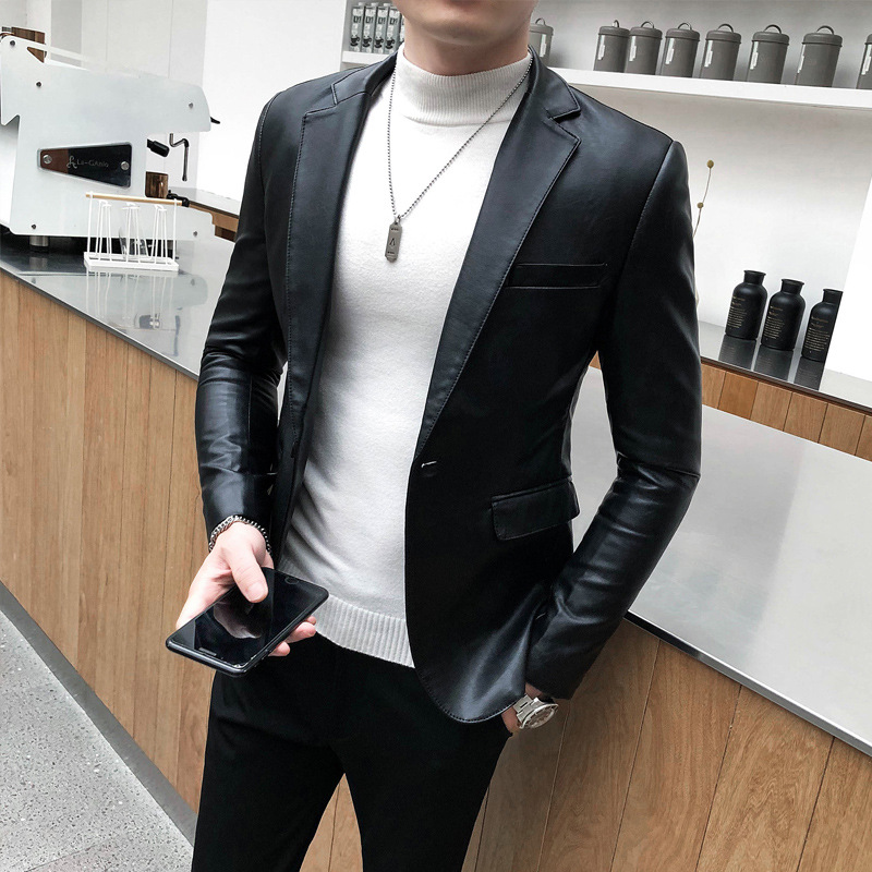 New Autumn/Winter Men's Leather Jacket, Korean Style Fashionable Two-Piece Suit Set, Slim Fit Men's Clothing