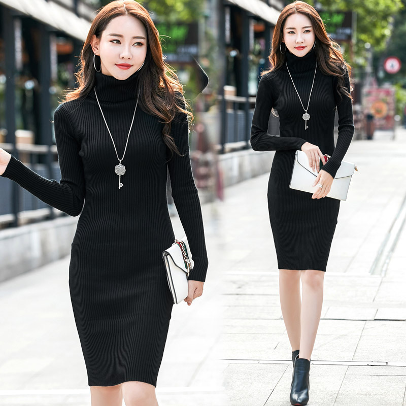 2025 Autumn/Winter New Korean Style Slim Fit High Neck Knitted Dress Women's Long Sleeve Elegant Sweater Base Dress