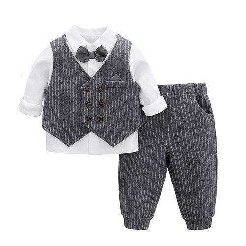 Stylish Boy Set Spring and Autumn Children's Clothes Baby First Birthday Dress Boy Baby Vest Gentleman Three-Piece Set Wholesale