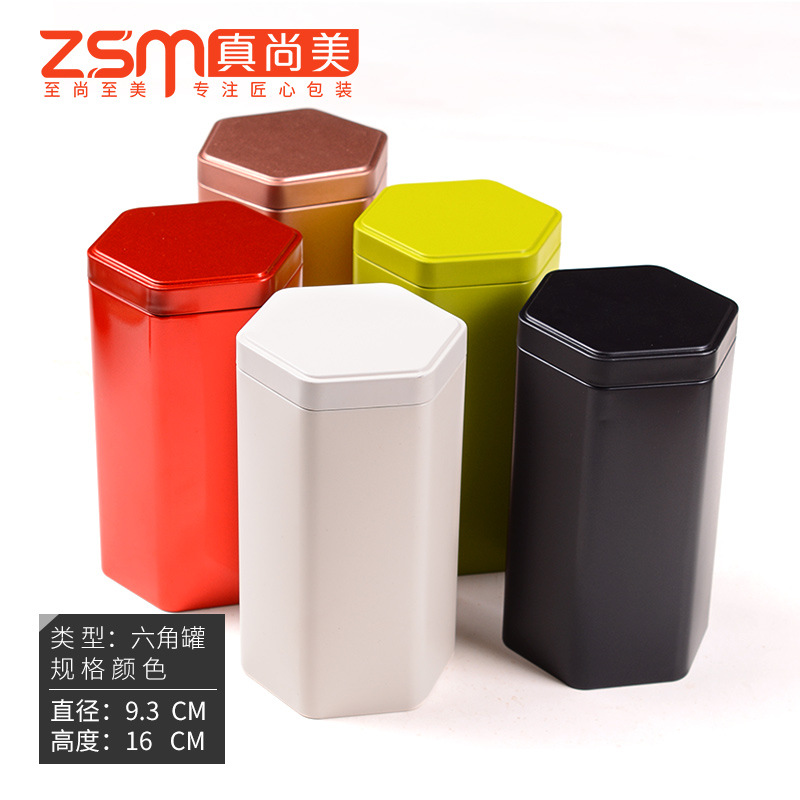 Té universal puede caja de hierro creativo hexagonal hojalata puede té negro té blanco té verde pu'er helado tarro de hierro