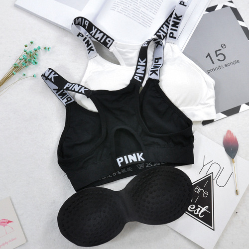 PINK English letters sling sports bra, tube top with chest pad, letters, beautiful back and chest pink underwear