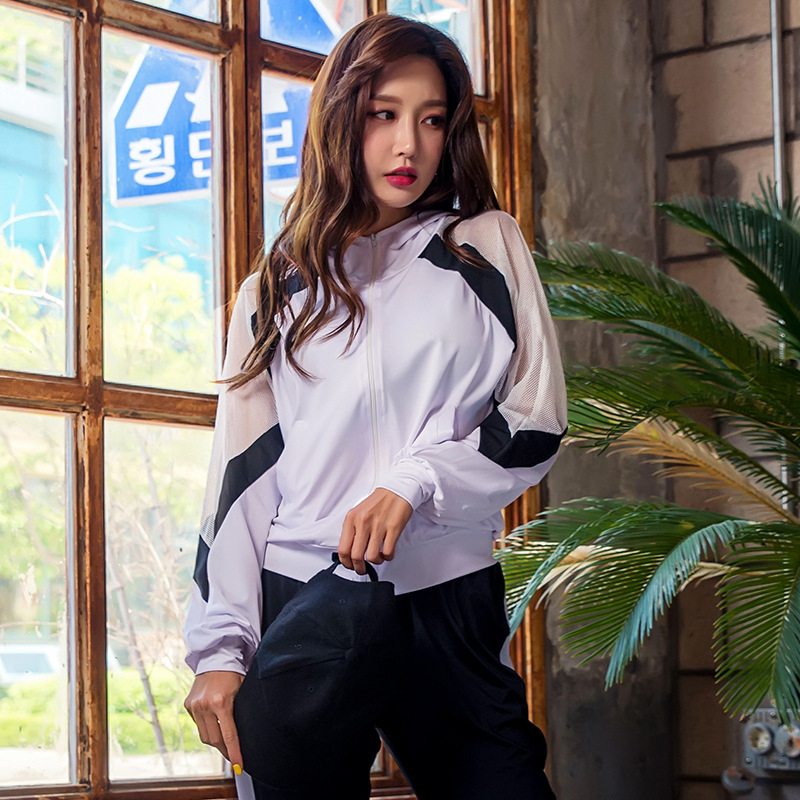 2018春夏運動瑜伽服外套健身房跑步休閑網紗透氣速幹連帽外套女