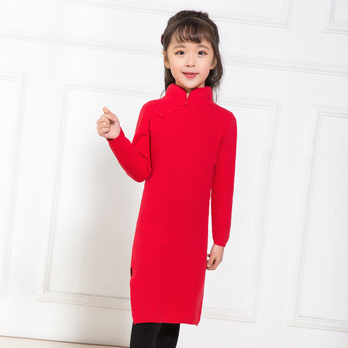 New Year's greetings suit children's women's knitted sweater seven-quarter sleeve children's sweater cheongsam dress long style parent-child clothing mother and daughter 