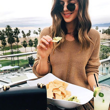 速卖通宽松V领露背前后两穿套头毛衣后背不规则交叉打结针织衫