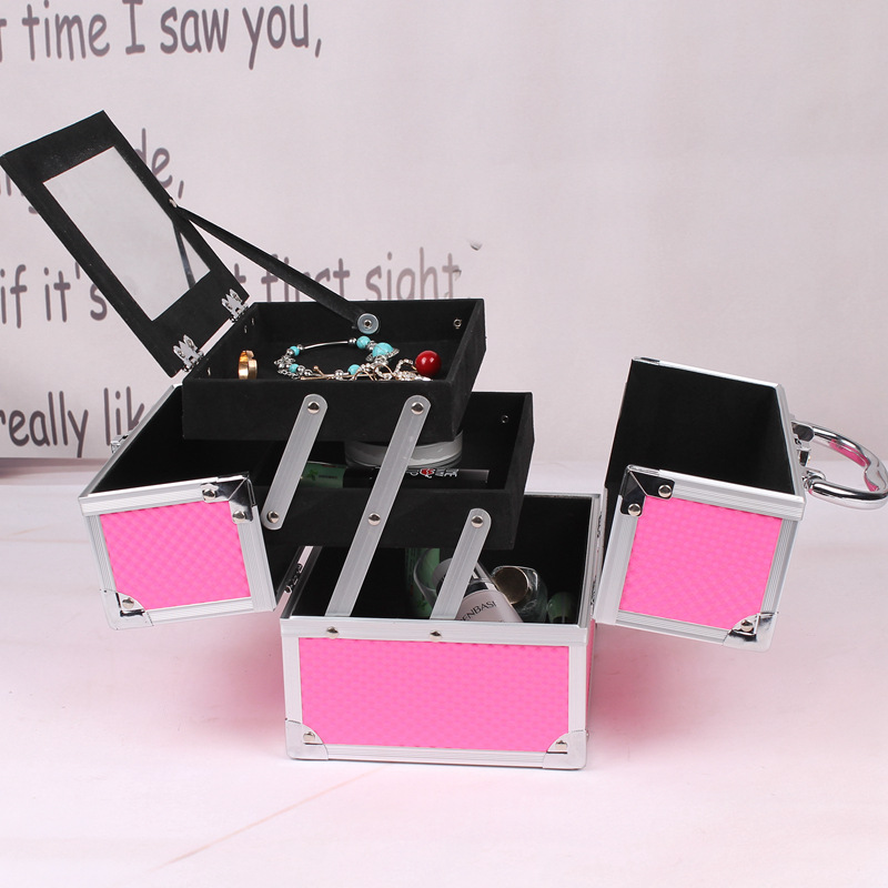 厂家直销铝合金手提双开化妆箱PVC格纹化妆饰品收纳箱专业彩妆箱|ru