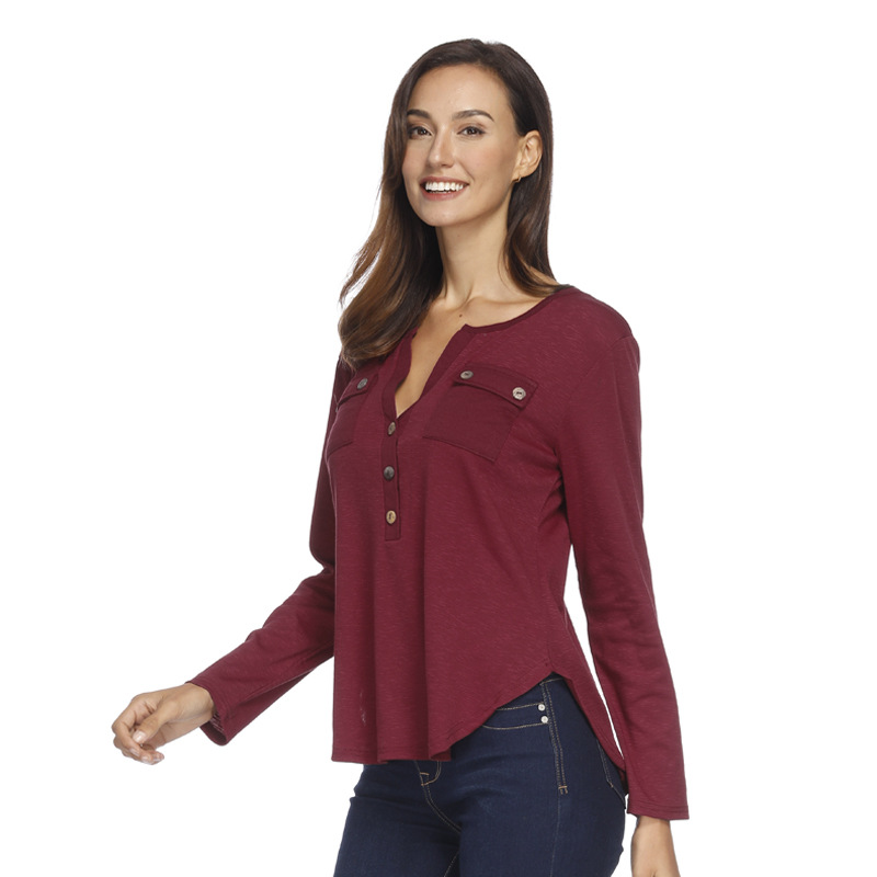 Sexy Deep V Irregular Hem T Shirt Button Pocket Detail Autumn Winter Fashion Top Wholesale Available