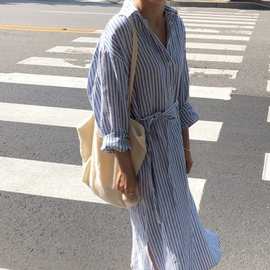 8896一件代发2015秋季新女装竖条纹衬衣长款宽松慵懒风系带衬衫裙