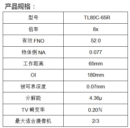 原装镜头 U-TRON优创 TL系列 百万像素远心镜头 TL80C-65