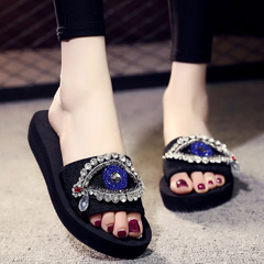 2019新新款夏季防滑平底一字拖水鑽眼睛戶外女拖鞋厚底涼鞋
