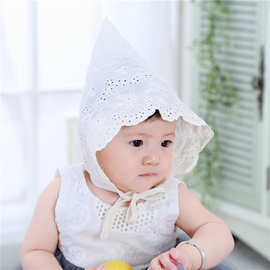 韩版新生婴儿帽子镂空绣花公主蕾丝透气遮阳胎帽系带女童宝宝帽子