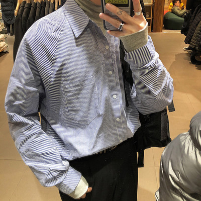 2019春季新款韓版寬松情侶條紋高領襯衫港風文藝男女裝潮範