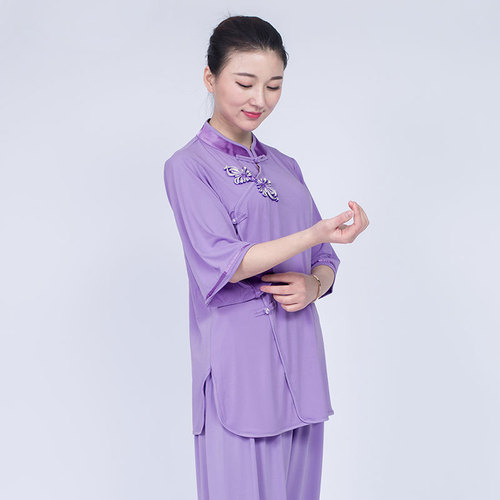 Blue pink purple Tai Chi Clothing wushu tai ji quan suit For women and mencotton and flax short-sleeved summer flower buckle pants older practise tai chi clothing