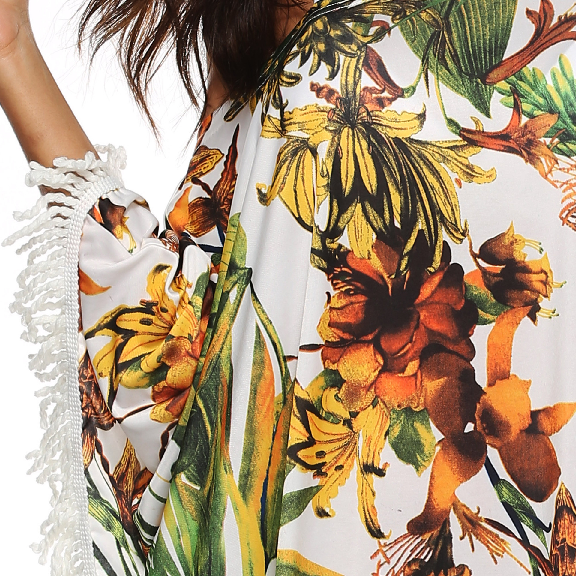 Floral Print Off Shoulder Maxi Dress Tassel Detail Irregular Hem Sun Protection Summer Casual Wear Wholesale