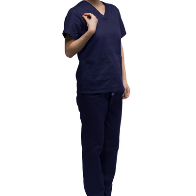 洗手衣V领 男女分体套装刷手衣藏兰涤棉短袖牙科工作服一件代发|ms