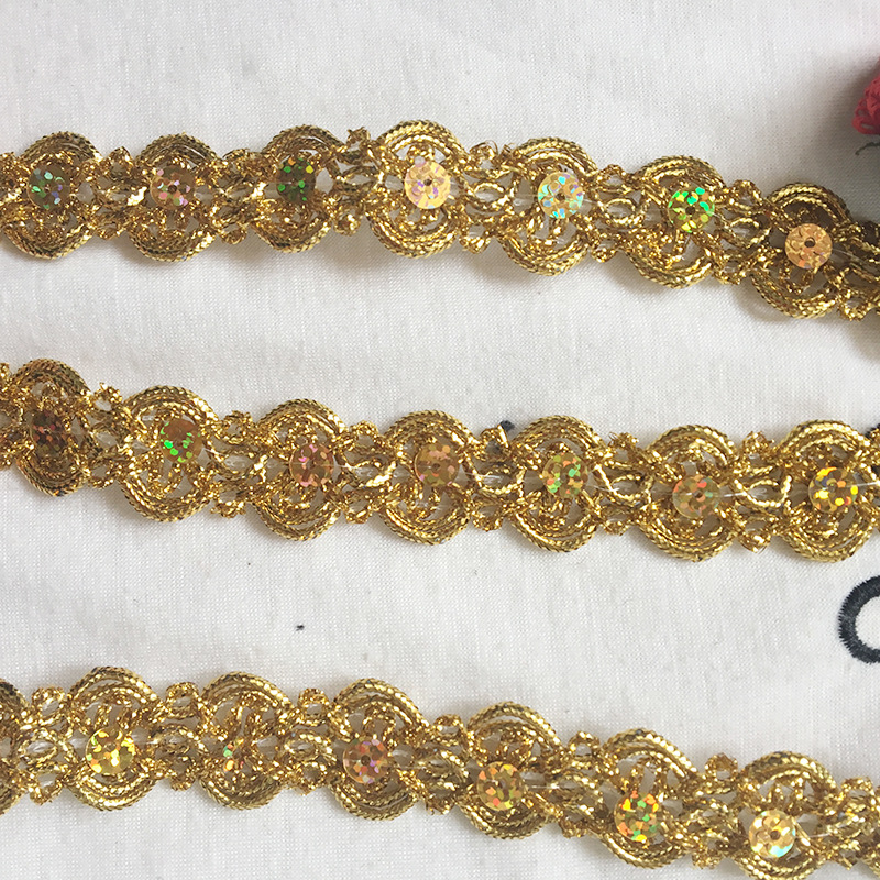 服装辅料 特种编织织带 双股中金色花边 带彩色亮片梅花 圆片