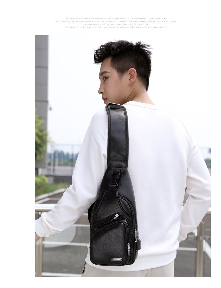 Cross -border explosion USB men's chest bag portable charging casual mesengers outdoor sports PU chest bag